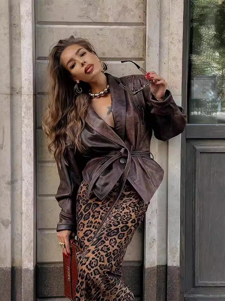 Street Solid Color Lace Up Leather Jacket Woman Waist Cinching Long Sleeves Lapel Coat Casual Versatile Women's New Leather Outerwear Revival