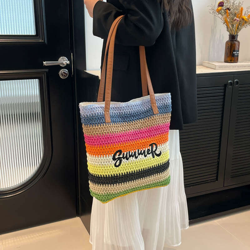 Lanjia- Handmade Straw Tote For Women, Large Capacity Commuter Bucket Single Shoulder Underarm Bag, Unique Rainbow Color Block Shopping Bag B2df9