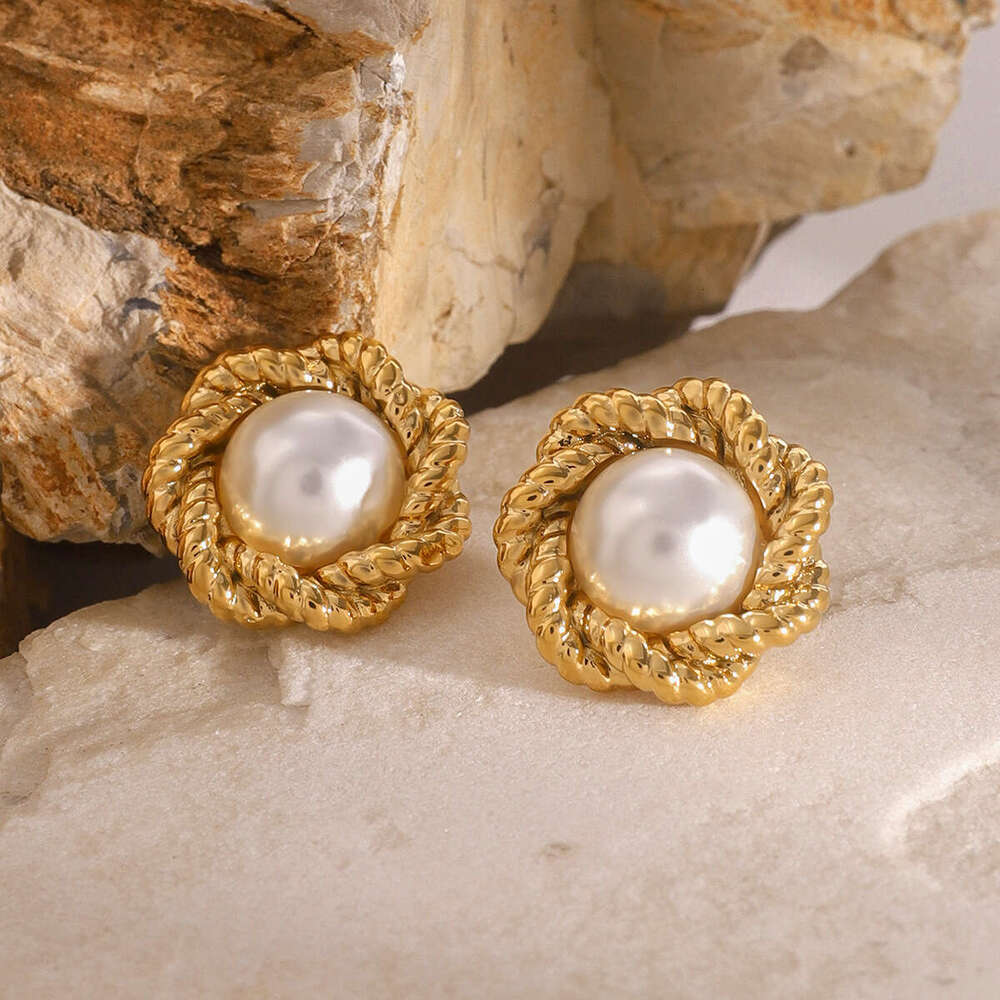 Jieding Stainless Steel Gold-Plated Flower Braided Texture Pearl Design Sense High-End Versatile Earrings