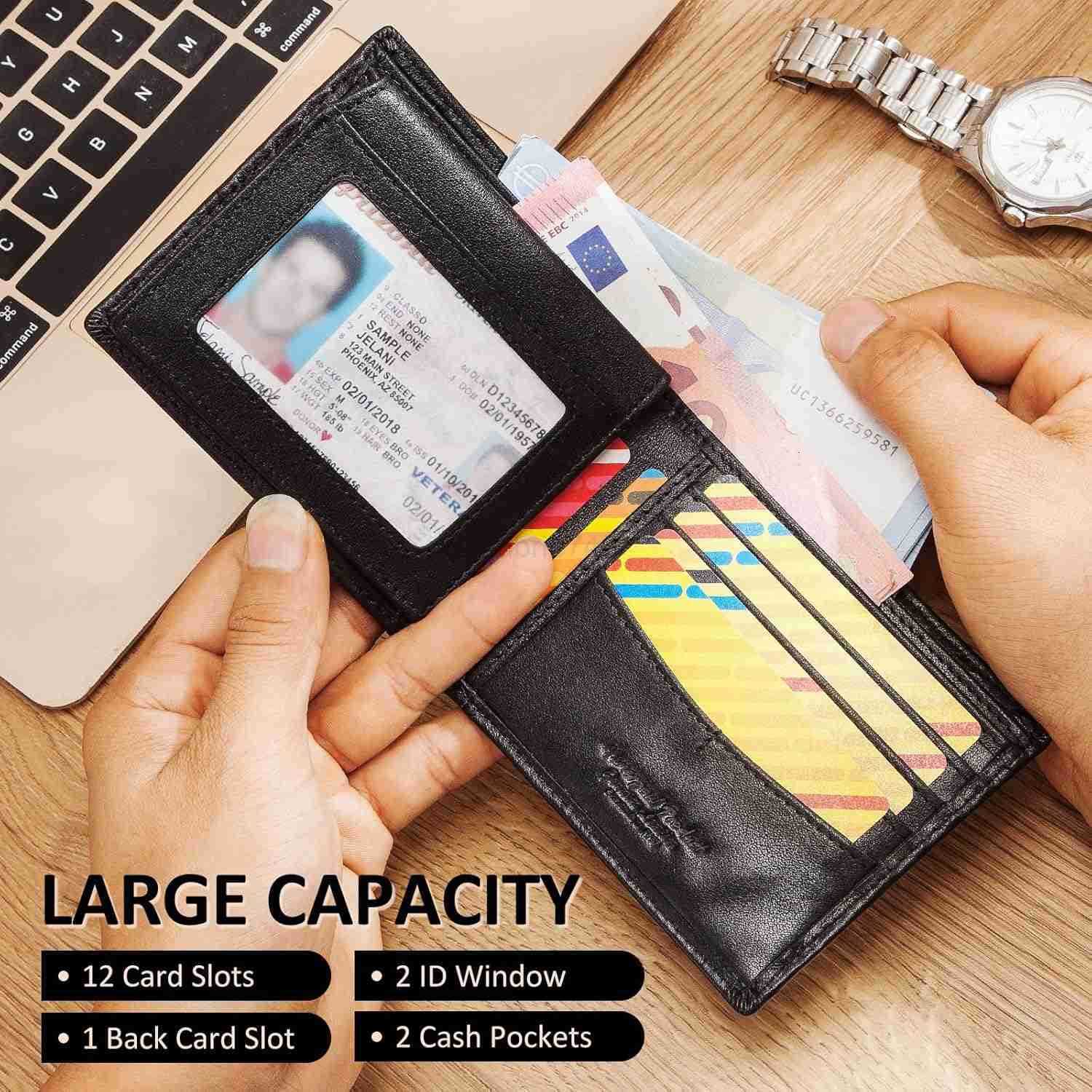Mens Wallet with Chain RFID Blocking Genuine Leather Bifold Wallet Minimalist With 2 ID Window BlackZ250910