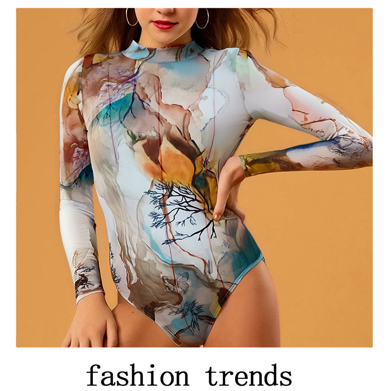 Women's Jumpsuits Women's Long Sleeve Mock Neck Bodycon Jumpsuit with Abstract Art Print, Sexy Club & Party Outfit