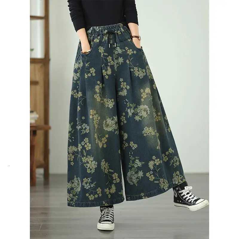 Printed Jeans For Women 2025 Autumn Vintage Extended Elastic Waist Loose Denim Casual Jeans Straight Wideleg Pants Z250910