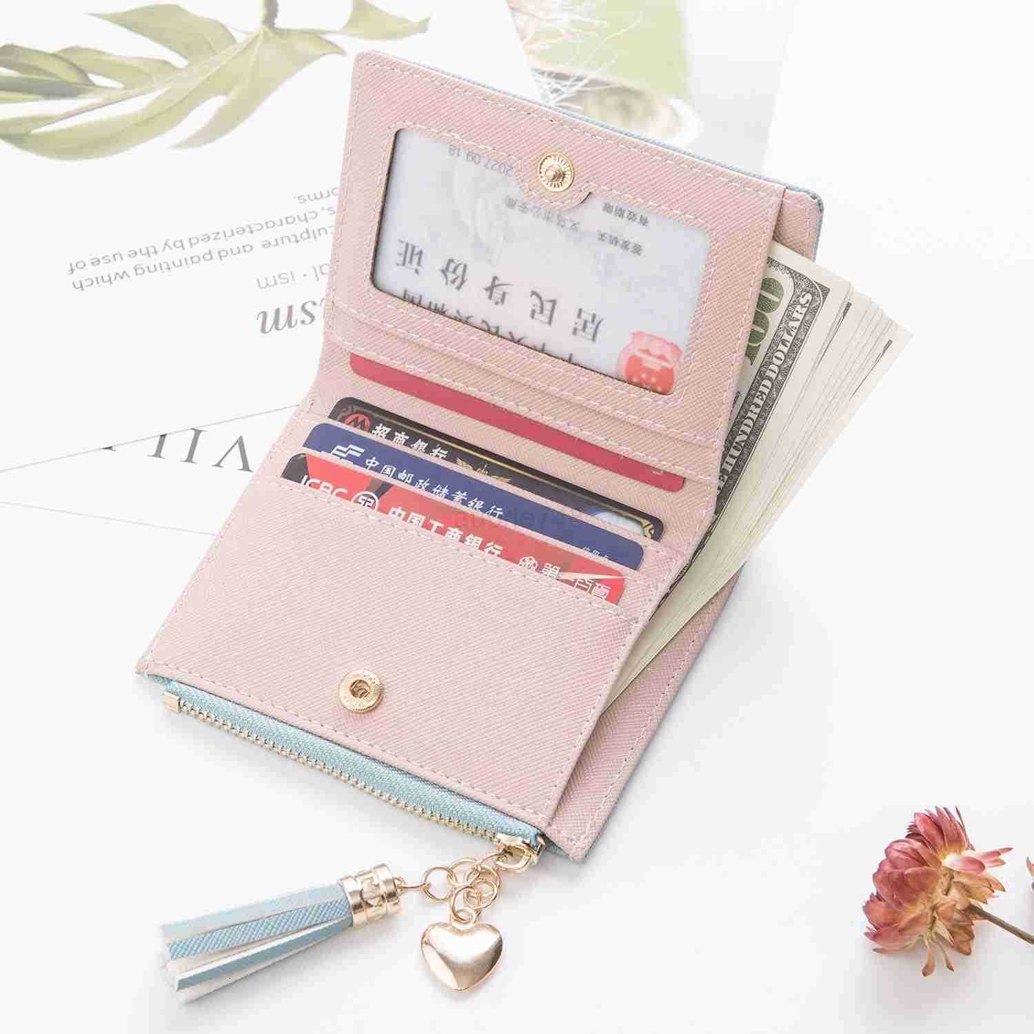 Womens Small Compact Slim Leather Mini Wallet Lady Purse Zipper Pocket Card Organizer Bifold Wallets PinkZ250910