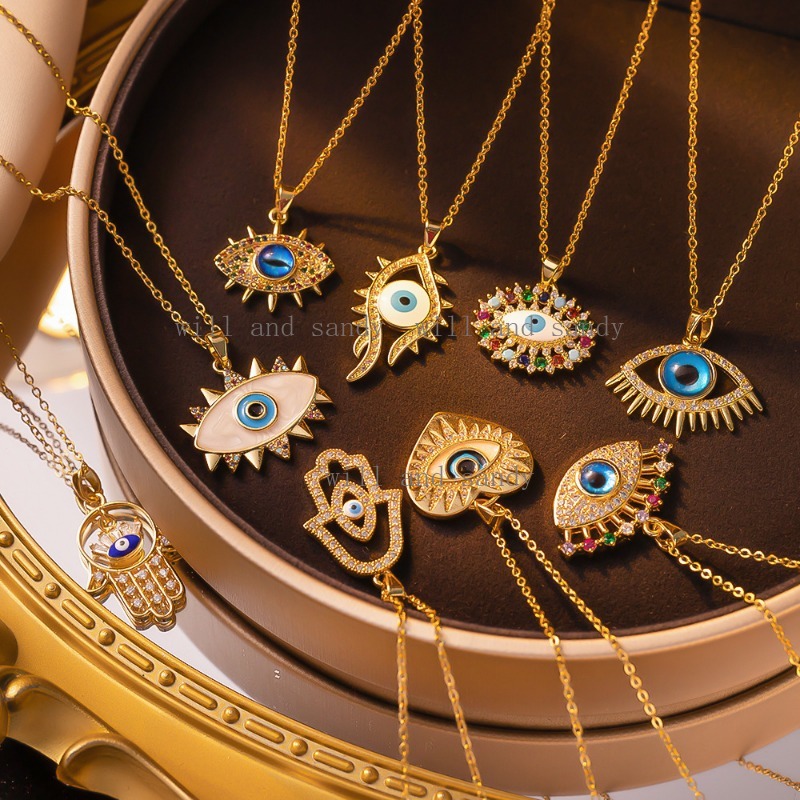 Non Tarnish Gold Evil Eye Necklace Charm 18K Gold Plated Stainless Steel Designer Necklaces Cubic Zirconia Hamsa Hand of Fatima Necklace for Woman Fin