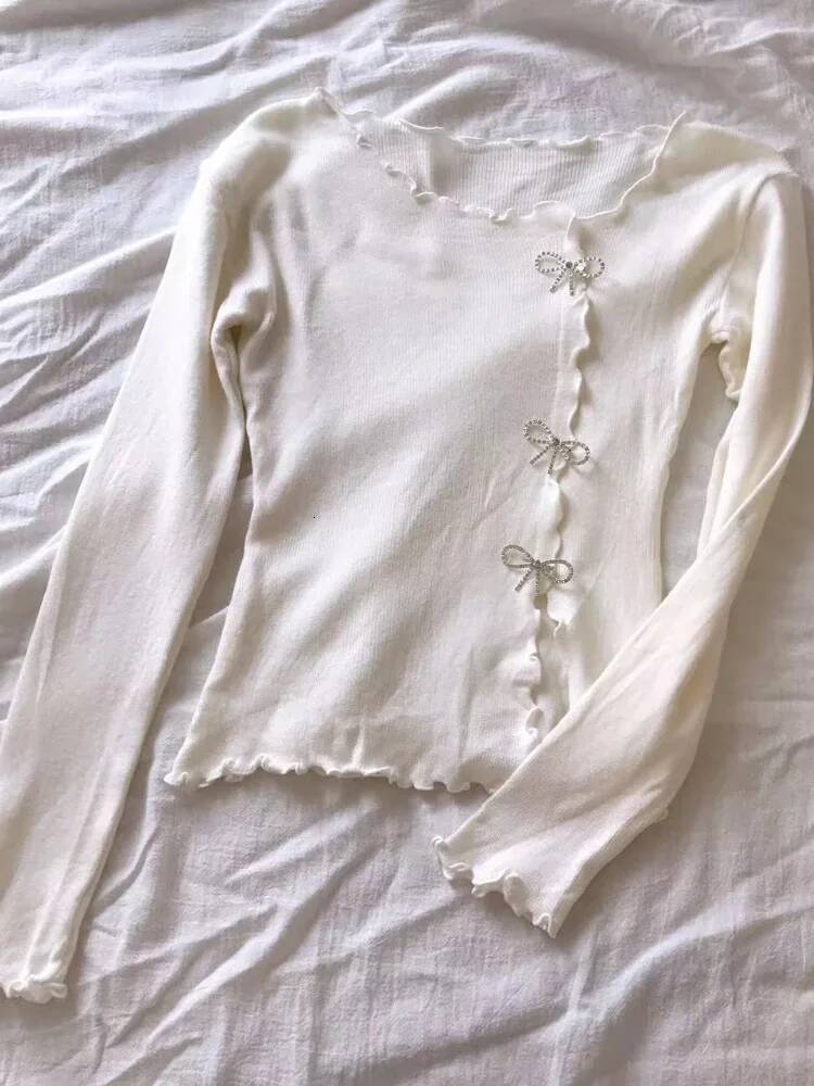 2026 Black/White Solid Lettuce Trim Bowknot Pullover Y2K Casual Long Sleeve Sweater For Spring & Fall Women's Clothing dongdumaoyi