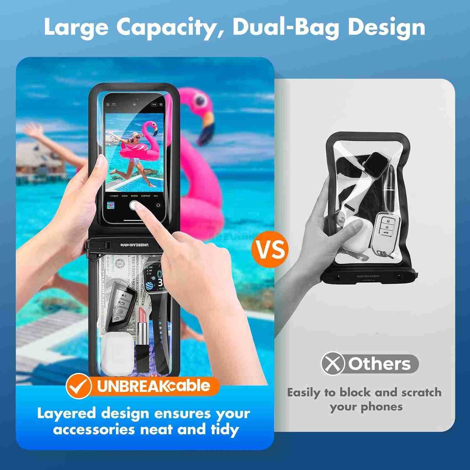 IPX8 Waterproof Phone Pouch 2Pack Double Space Waterproof Phone Case for iPhone 15 16 Pro Max up to 7 Cellphone Dry Bag with Lanyard for Vacation Beac