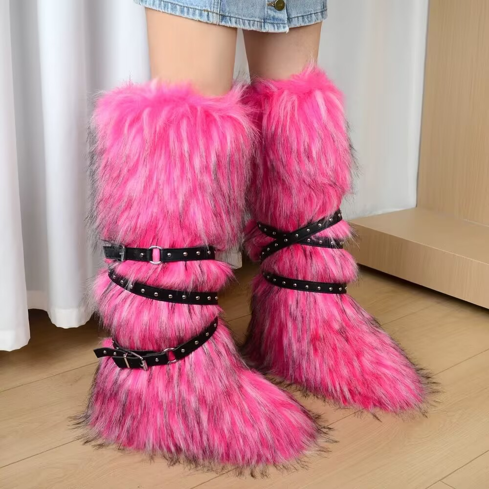 Hot girl sexy 40cm high top snow boots 2025 new cross belt buckle fur long fur boots
