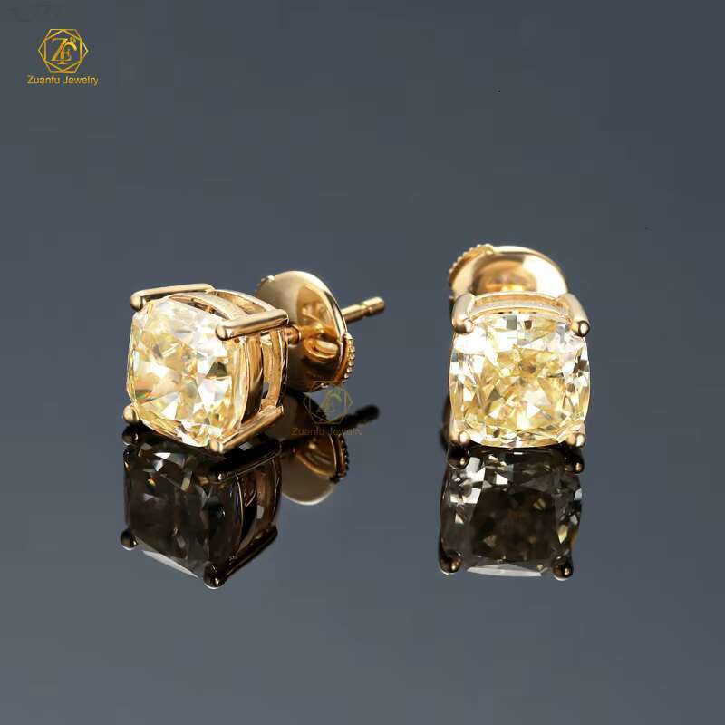 High Quality 18K Yellow Gold Fine Jewelry Certified GRA Canary Yellow 7x7MM 2CT Cushion Cut Moissanite Earrings