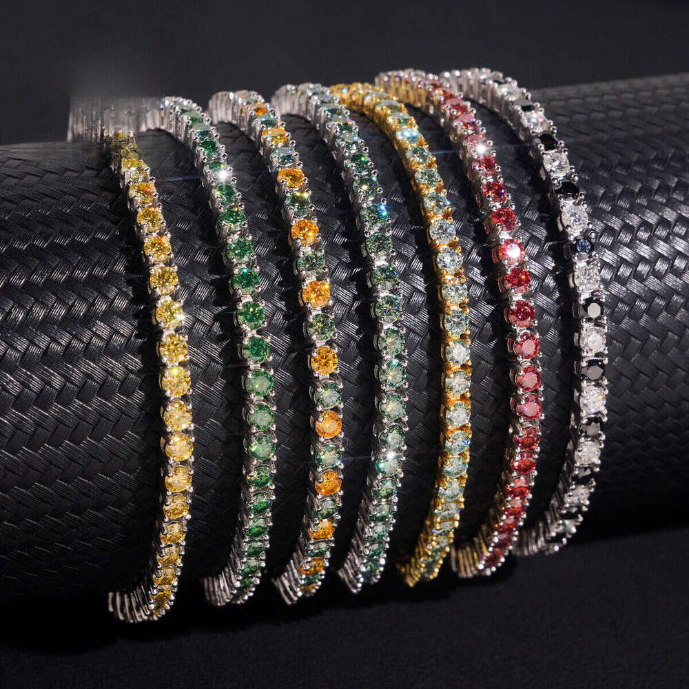 PassTetser 3mm Round Cut Colorful Silicon Stone for Women and Men Sier Tennis Bracelet Hip Hop Jewelry