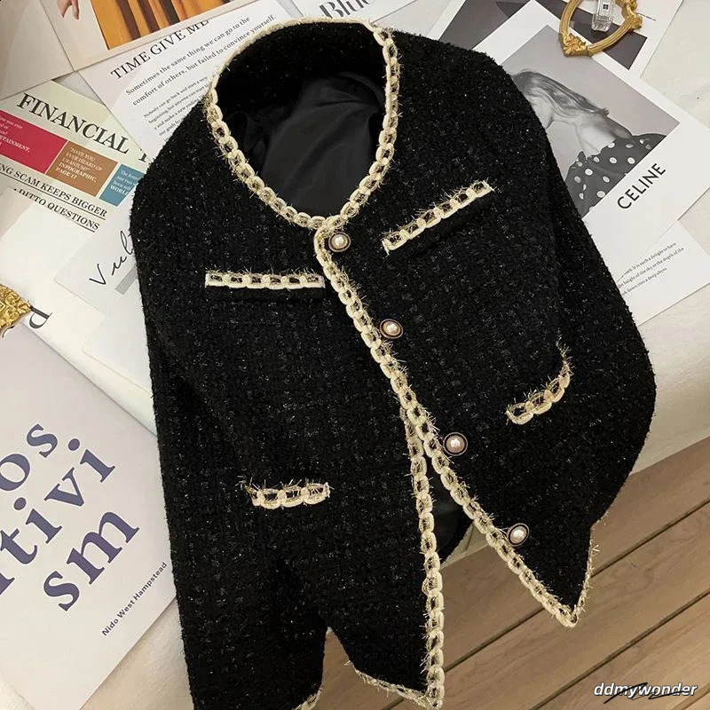 Black Short Jacket Temperament Elegant Tweed Jackets For Women Autumn And Winter Korean Office Lady Cropped Outerwear 240821