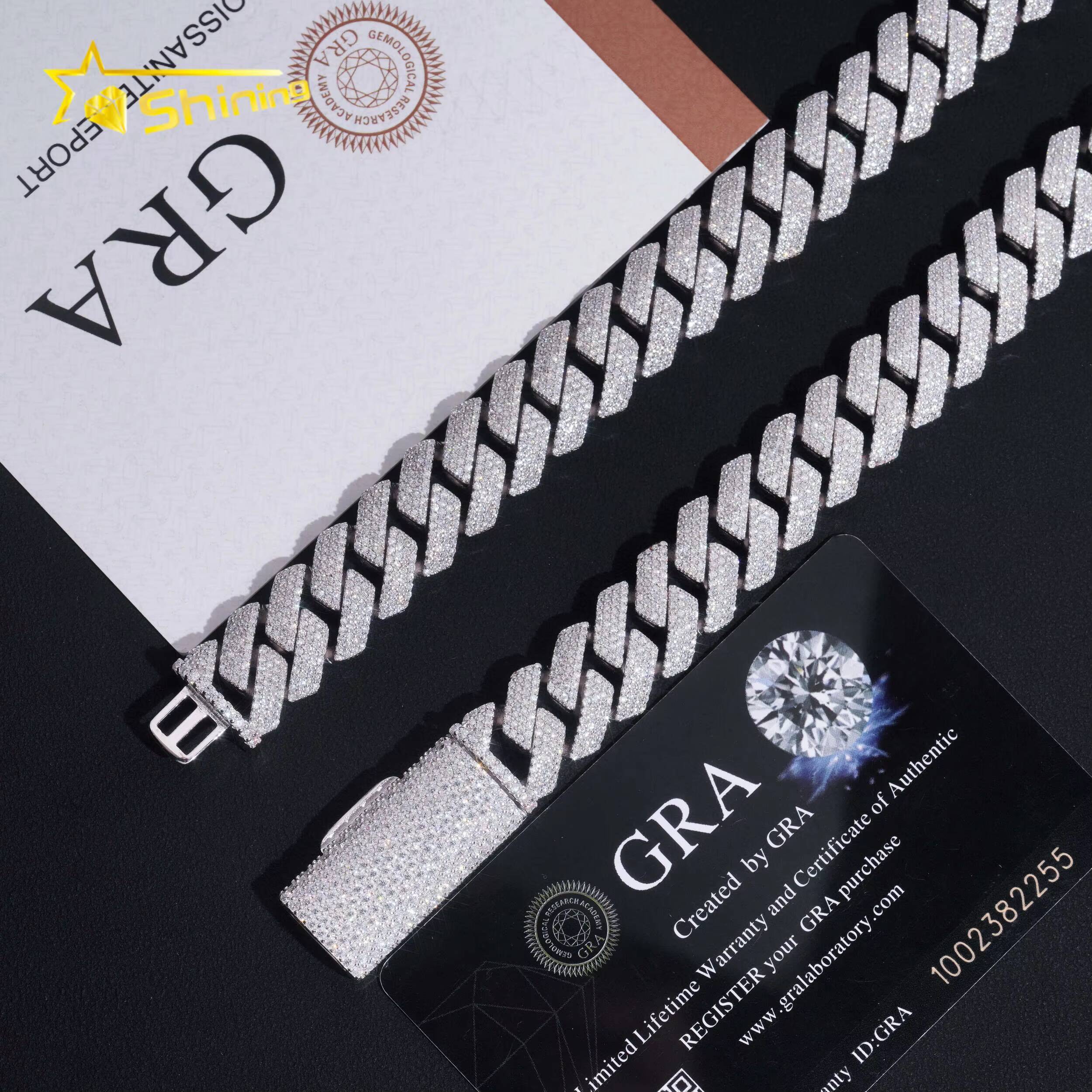 Fast Shipping 15mm 4Rows Shining Vvs Moissnaite Pass Diamond Test Iced Out Hip Hop Sterling Silver 925 Gold Plated Cuban Chain