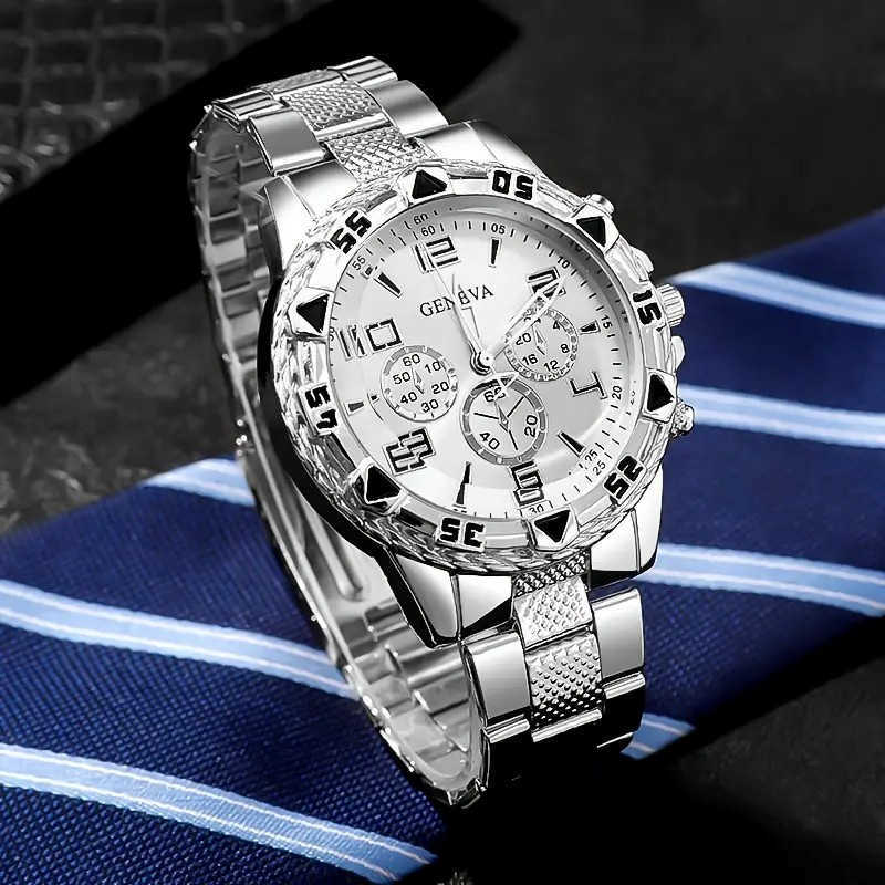 Blue light iride-colored glass men's watch, steel band quartz watch, digital engraving vacation three-eye watch W250704