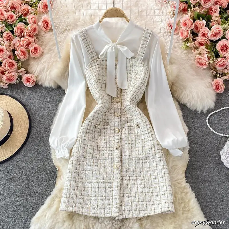Elegant Chiffon Shirt Tweed Dress Sets Women Long Sleeve Lace Up Bow Shirts Vintage Sling Plaid Dresses Suits Oiffice Lady Y2k 240824