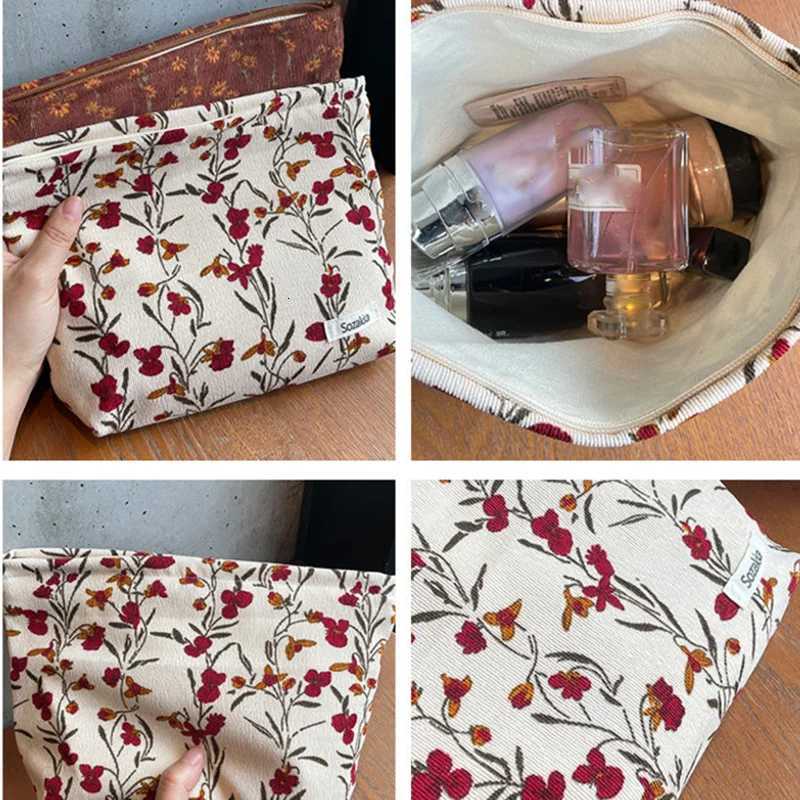 Makeup Bag for Women Portable Corduroy Vintage Flower Travel Wash Mobile Phone Storage Bag Girl Make Up Case PouchXJ250910