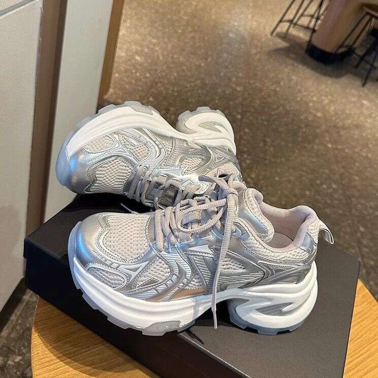 Silver Thick-Soled Dad Sneakers for Women 2025 Summer New Mesh Breathable Versatile Casual Height-Increasing Sports Shoes