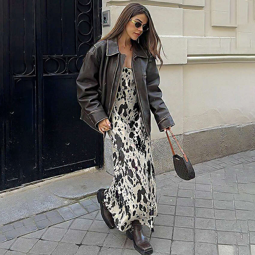 French Style Sexy Spaghetti Strap Printed Autumn Winter New High Waist A-Line Dress For Women B3