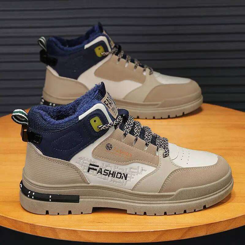 Men's 2025 new winter fleece warm cotton shoes, thick-soled work protection men's shoes, leather surface outdoor work boots