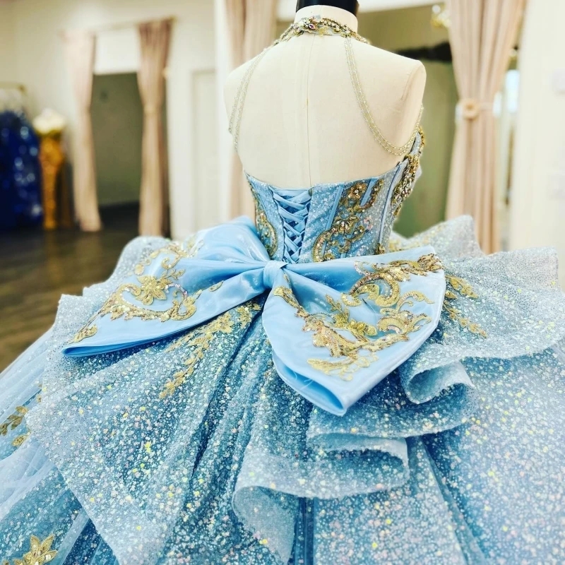Light Blue Shiny Quinceanera Dresses Ball Gown Off The Shoulder Applique Lace Beads Bow Tull Party Birthday Sweet 16 Dress Vestidos 15 De Anos