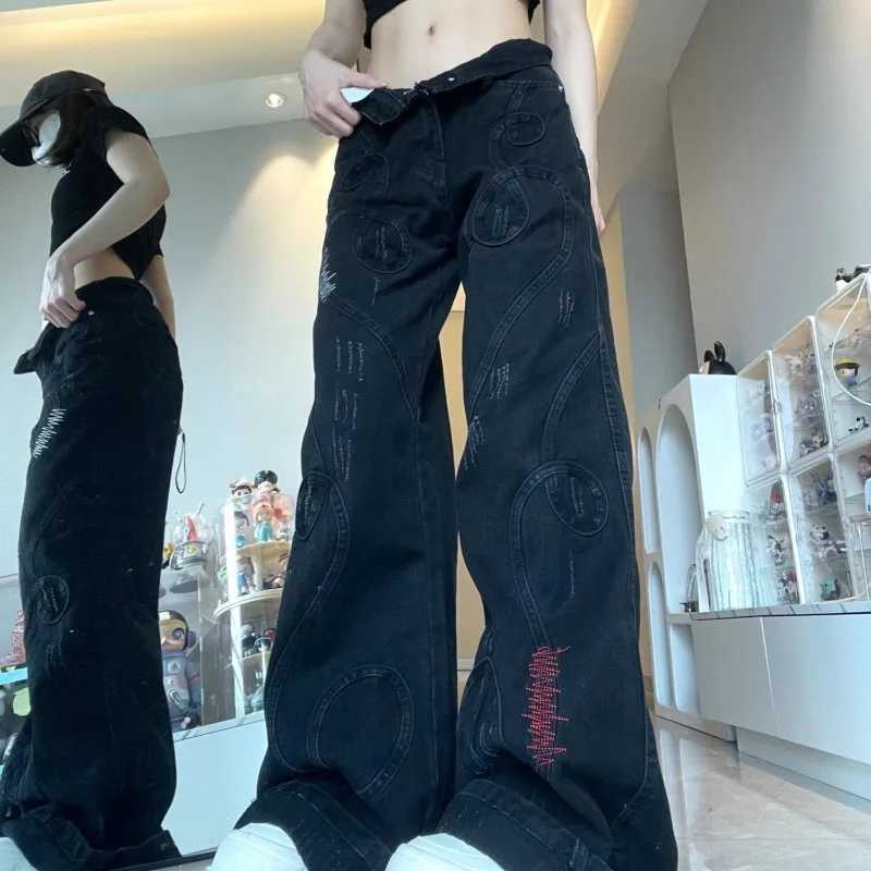 American High Street Heavy Industry Embroidered MicroLa Washed Jeans Women Y2K New Vintage Design Sense Small Tide Pants Z250910