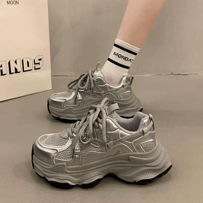 Thick-Soled Dad Sneakers for Women 2025 Spring and Autumn New Mesh Breathable Women's Silver Height-Increasing Casual Sports Shoes