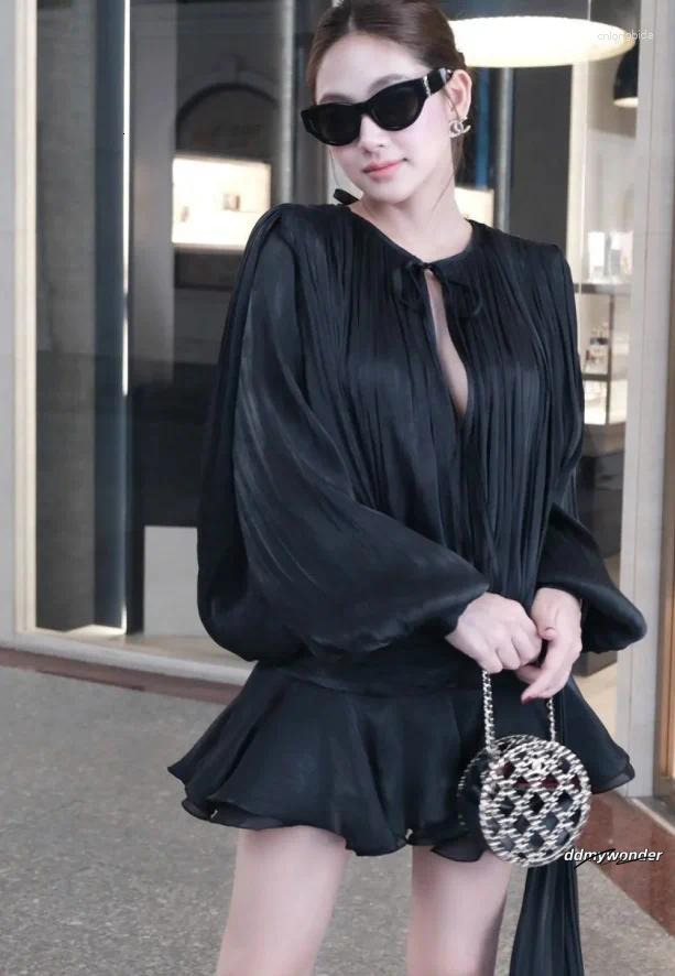 Casual Dresses Lace Up Women's Dress Elegant V Neck Long Lantern Sleeve Female Robe Spring Summer Chic Sweet Lady Party Holiday Vestidos