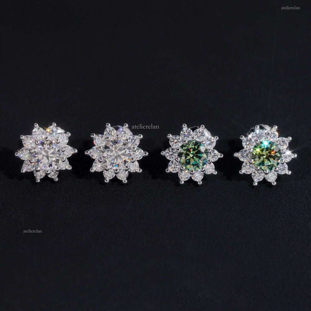 Fine Jewelry Sterling Sier Screw Back Blue Green Moissanite Dia Suower Hip Hop Stud Earrings