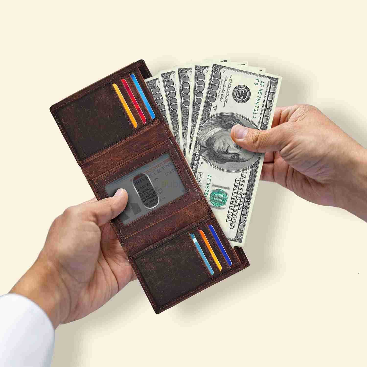 Leather Mens Trifold Wallet RFID Blocking Slim Minimalist Front Pocket Thin Stylish with ID Window in Gift BoxZ250910