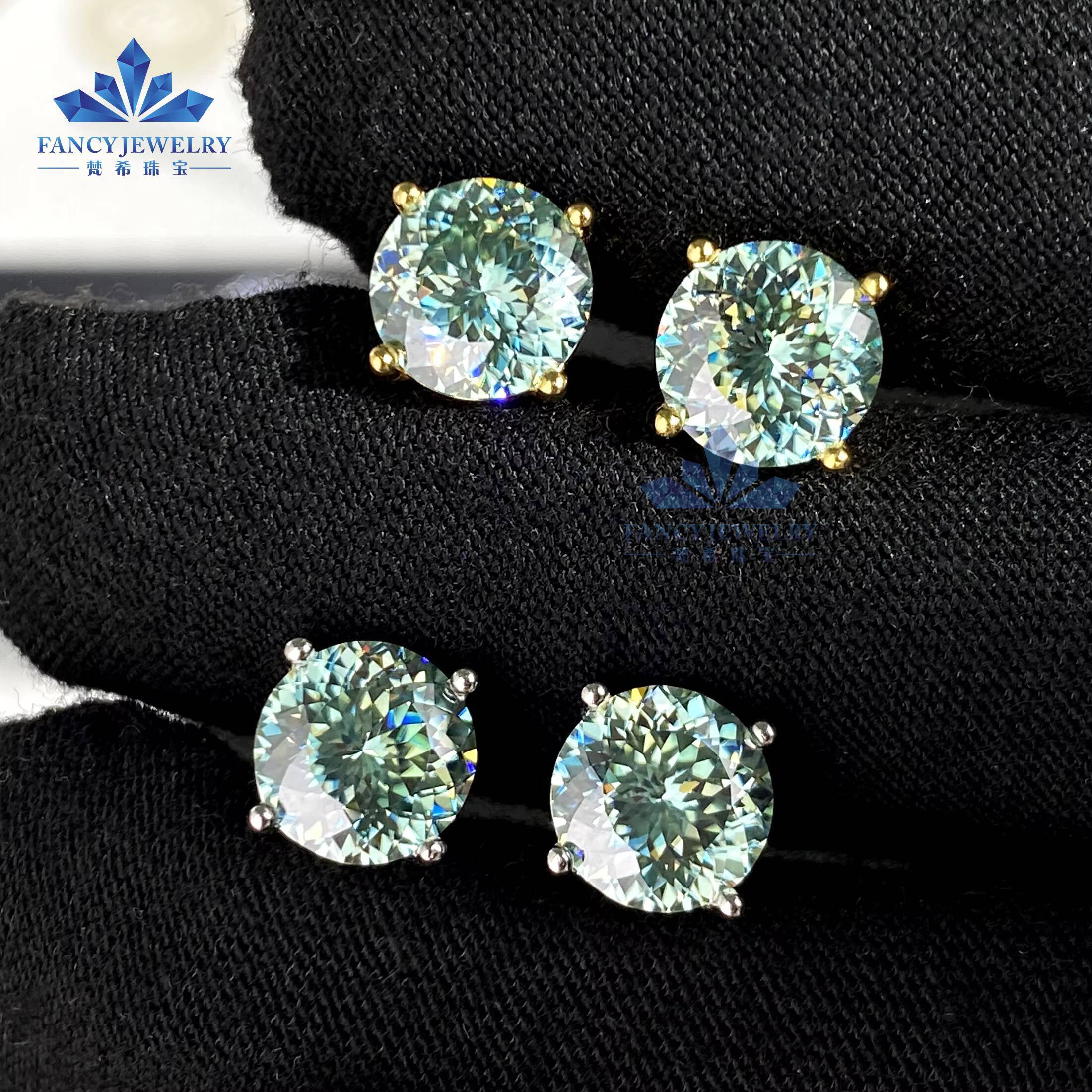 High Quality 925 Sterling Silver Gold Plated 8MM Portuguese Cut Bluegreen Moissanite Stud Earring for Gift Party