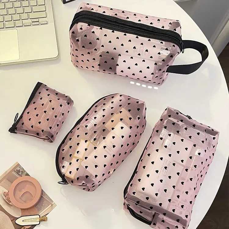 Women Travel Toiletry Wash Makeup Bag Storage Case Zipper Make Up Bags Fashion Black Heart Transparent Mesh Cosmetic BagsXJ250910