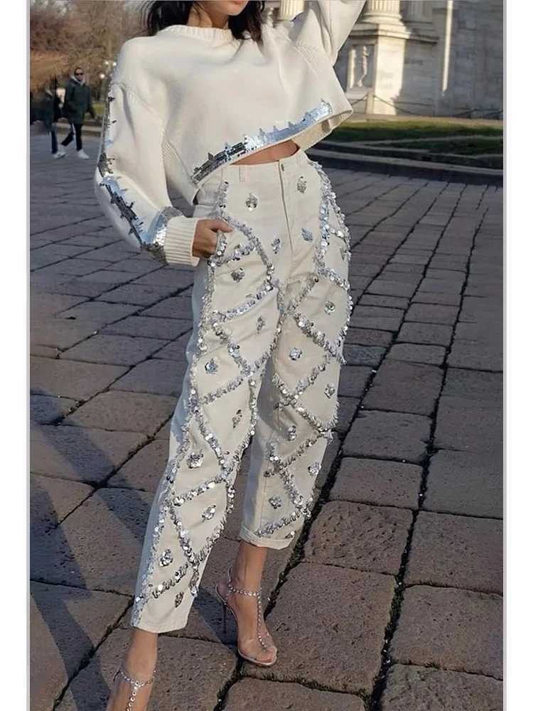 Sequin Decor Straight Leg Denim Jeans for Women High Wait EleGant Casual Pockets Vintage Denim Pencil Pants Trousers Z250910