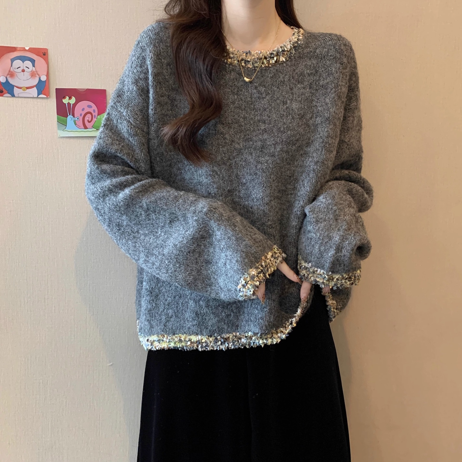 2025 French New Thick Craftsmanship Shiny Knitted Sweater Grey Women's Sweater Autumn/Winter Plus Size Fat MM Basic Shirt design Lightweight Desi