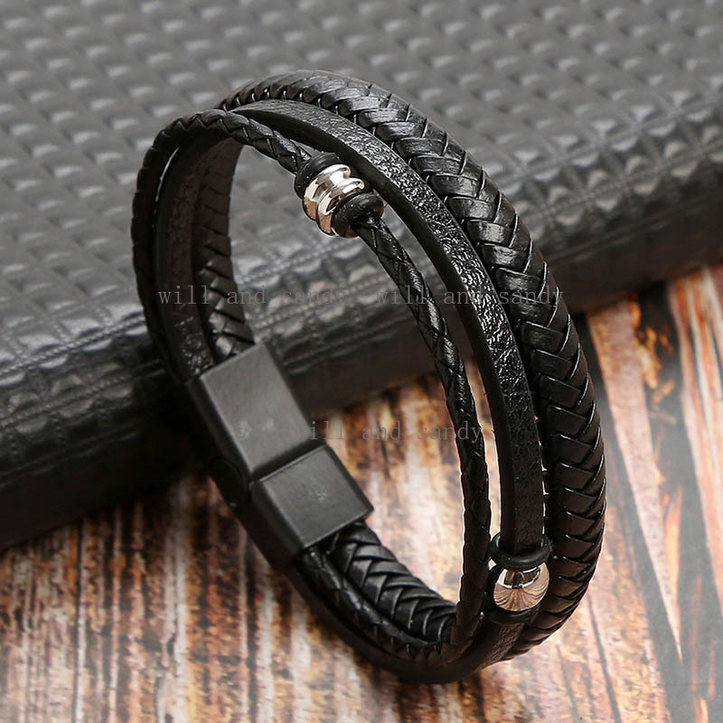 Men's Leather Bracelet Layered Leather Braided Bracelets Rock Stones Magnetic Clasp Christian Religious Cross Wristband Wrap Stacking Bracelets J