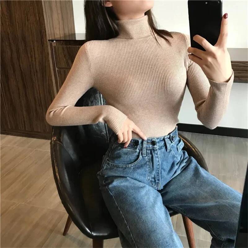Autumn Winter Thick Women Knitted Ribbed Pullover Sweater Long Sleeve Turtleneck Slim Jumper Soft Warm Pull Femme dongdumaoyi