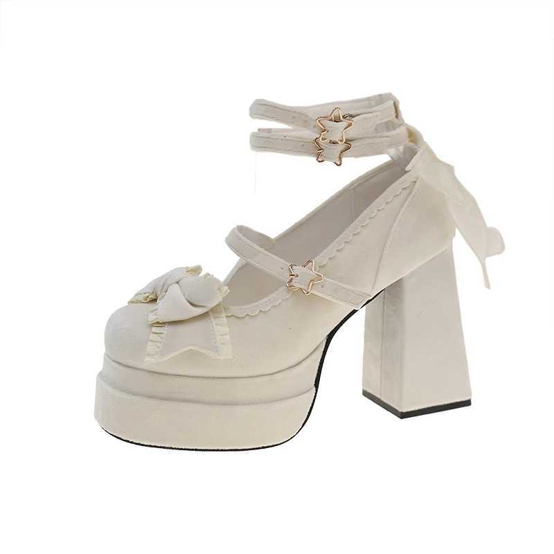 Platform High Heel Women Lolita Shoes Fashion Shallow Butterflyknot Shoes Ladies Party Dress Cross Strap Pumps Shoes W250910