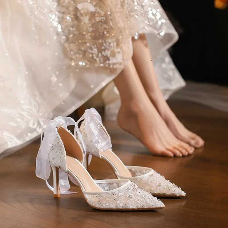 French Style White Wedding Shoes Senior Sense Wrapped Head Sandals WomenS Summer Lace Mesh Hollow High Heels Bride Single Shoes W250910