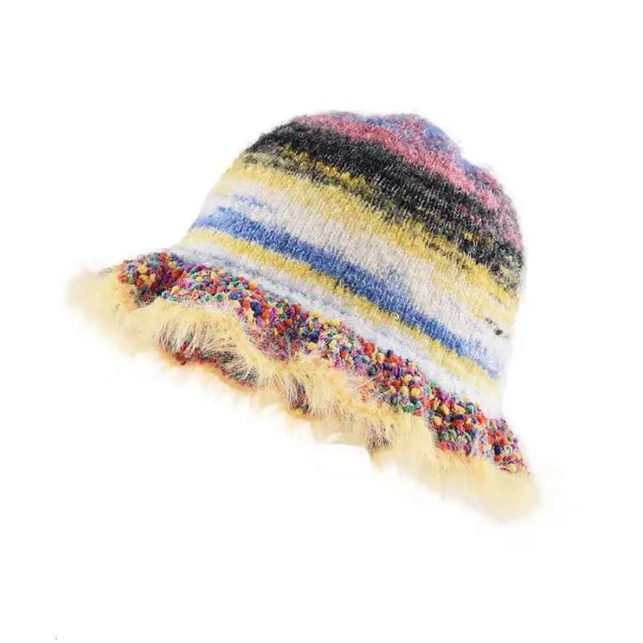 Ins Color Gradual Change Striped Wool Hat Autumn Winter Cute Handmade Plush Hat Big Head Circumference Knitted Bucket HatXJ250910