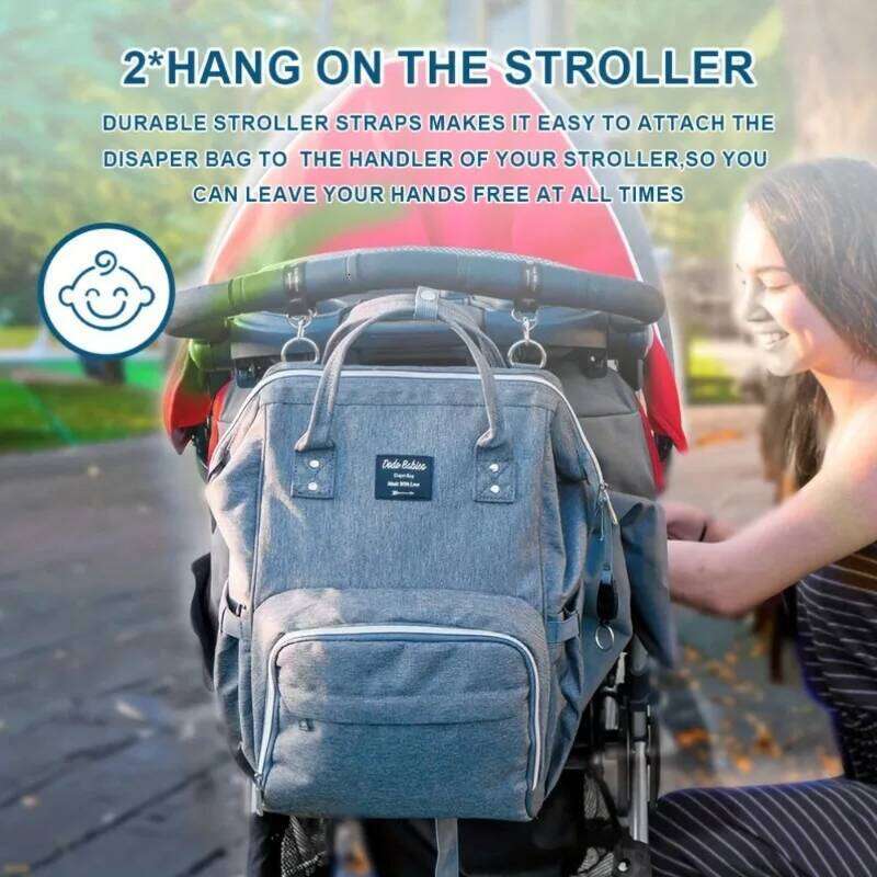 Waterproof Large Mummy Bag Portable Travel Diaper Backpack Gray Polyester Multiple Compartments for Essentials Changing Station