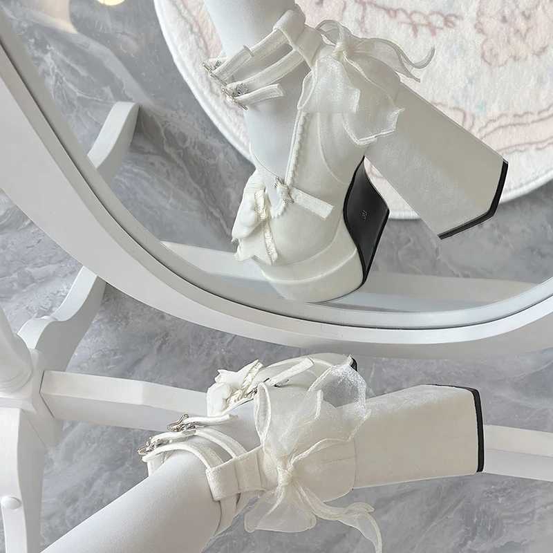 Platform High Heel Women Lolita Shoes Fashion Shallow Butterflyknot Shoes Ladies Party Dress Cross Strap Pumps Shoes W250910