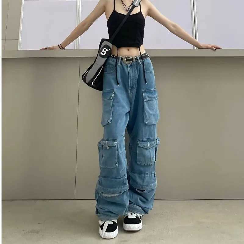 Trendy Womens Denim Workwear Street Style Black Grey MultiPocket Jeans American Casual HighWaist Functional Design Z250910