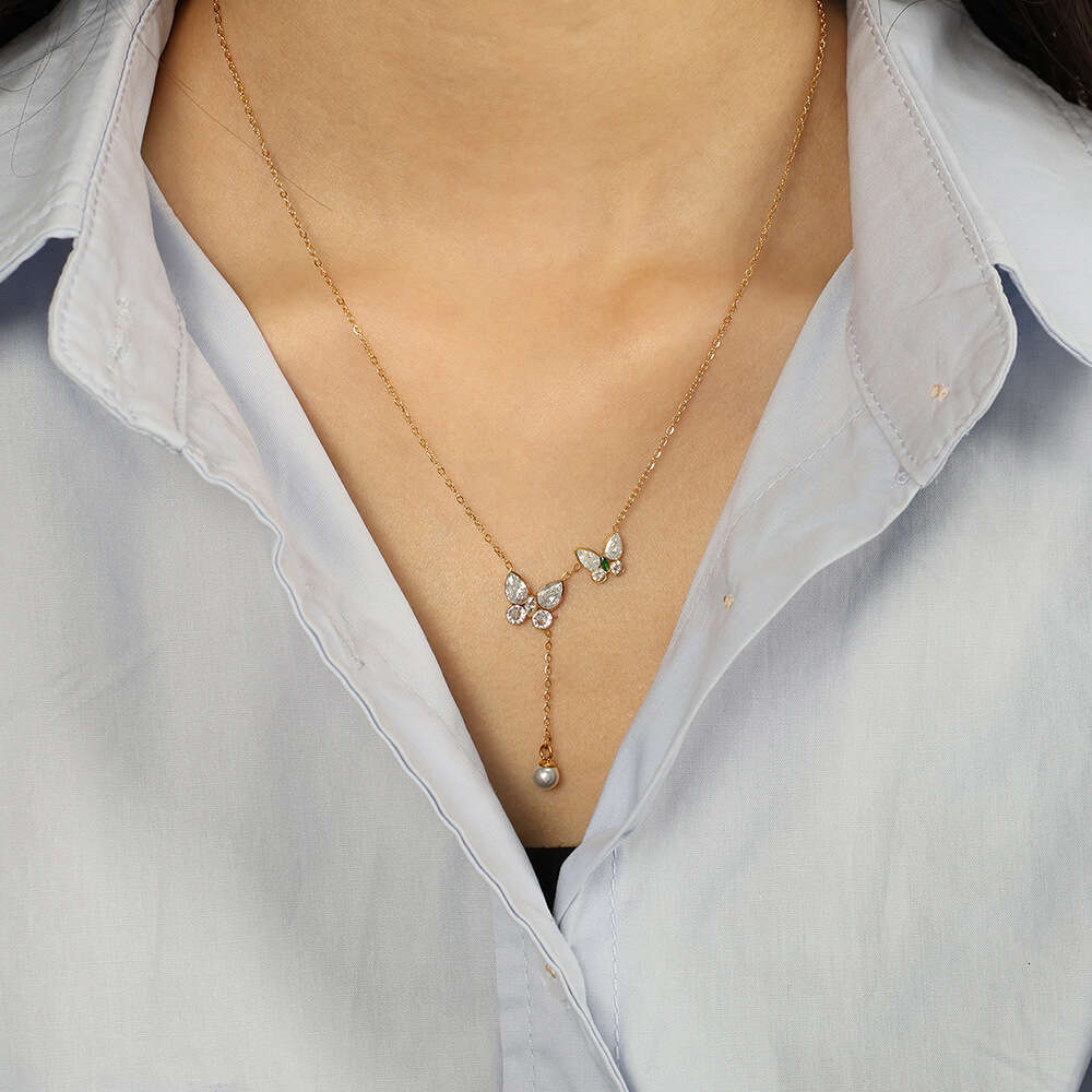 Japanese and Korean INS Necklace for Women Titanium Steel Fashion Commuting Style Butterfly Tassel Pearl Collarbone Chain Versatile Elegant