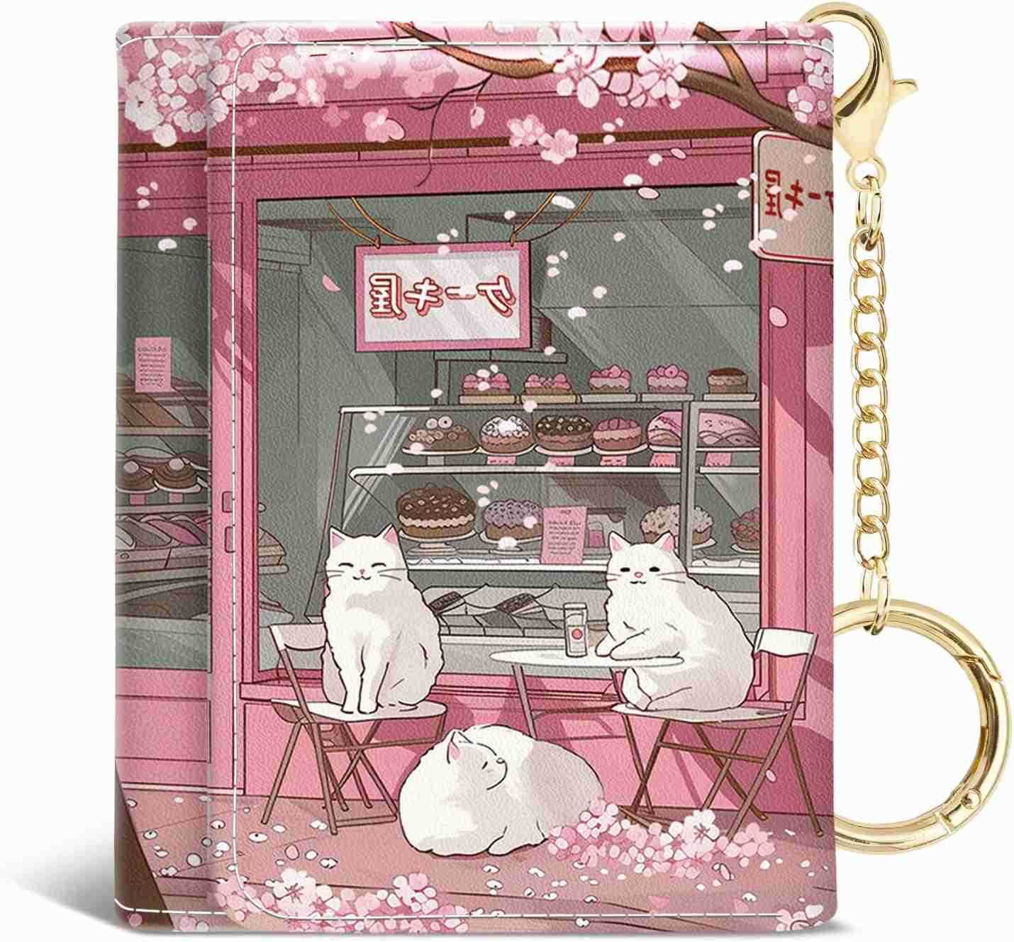 Cute Anime White Cats Small Wallets Kawaii Japanese Rfid Womens Wallet Slim Thin Trifold Woman Wallet Travel PU Leather Card Holder Wallet Mini Key Ch
