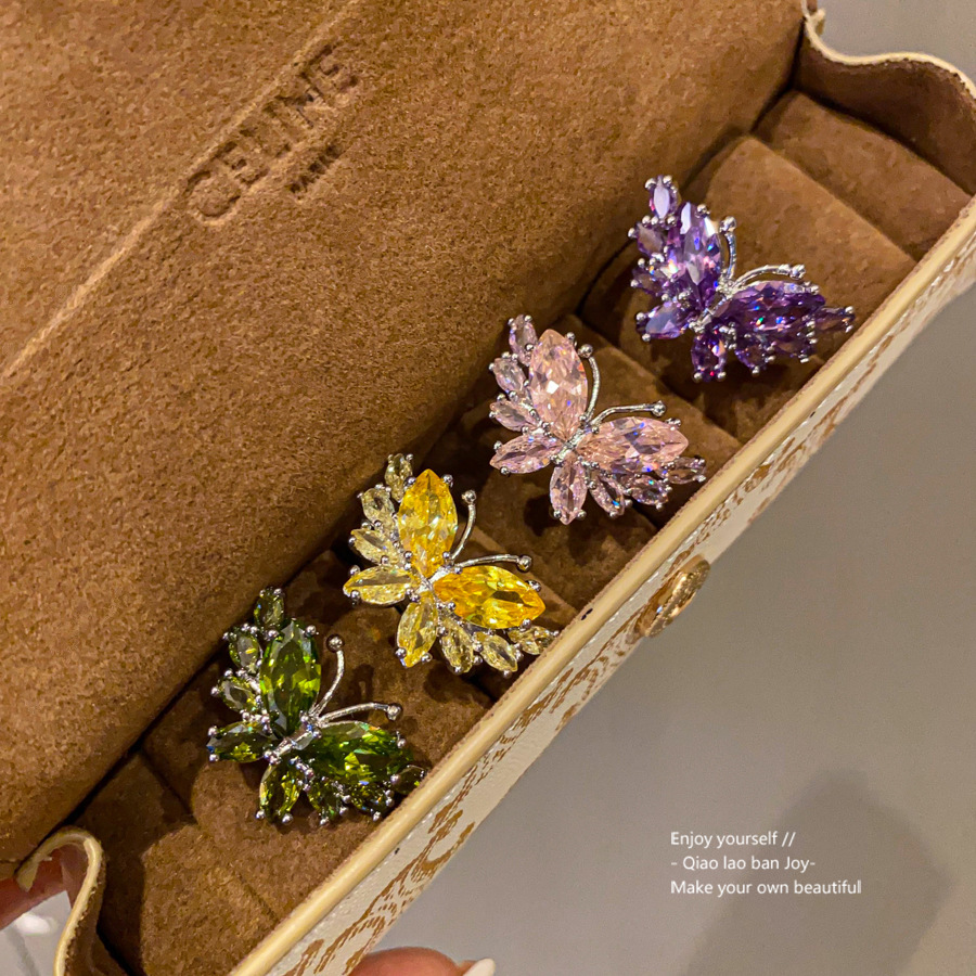Silver-Tone Butterfly Ring With Yellow & Clear Crystal Accents, Vibrant Sparkly Style, Ideal For Elevating Fresh Chic Looks & Gifting