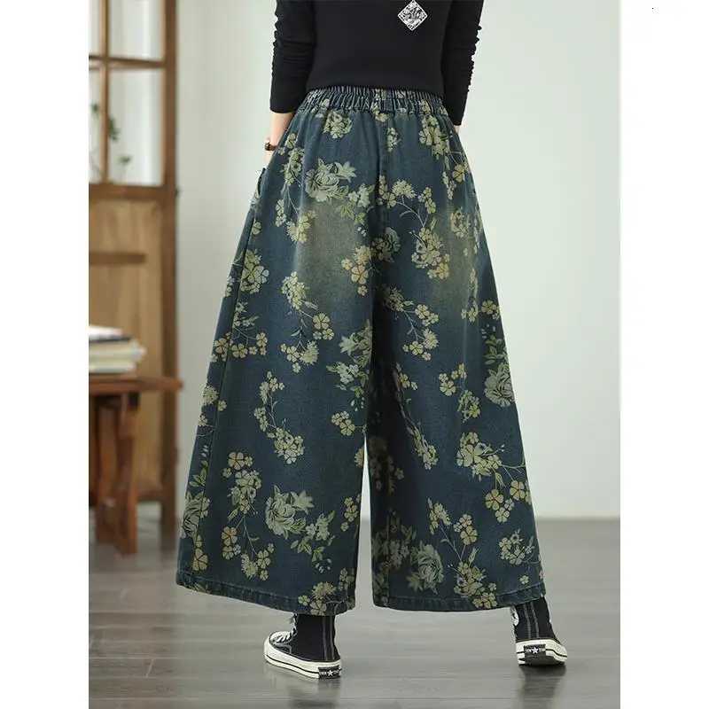 Printed Jeans For Women 2025 Autumn Vintage Extended Elastic Waist Loose Denim Casual Jeans Straight Wideleg Pants Z250910
