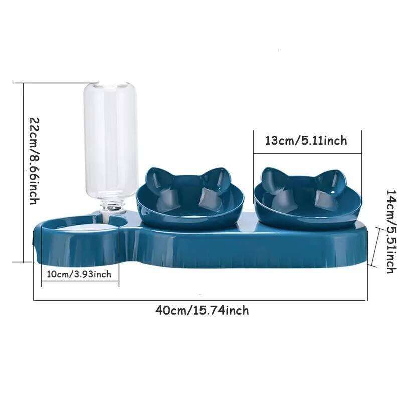 designer brand Triple Cat Pet Feeder in Double Bowls with Automatic Drinking Bottle Tilted Rotatable Design for Cats and Dogs