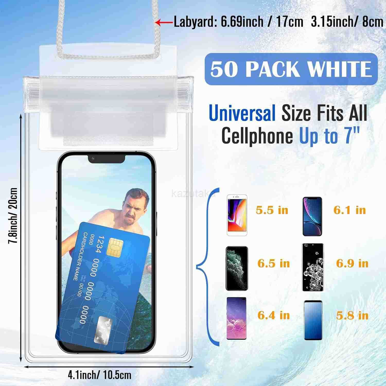 50 Pack Clear Waterproof Phone Pouch Universal Waterproof Phone Case Waterproof Pouch Dry Bag with Lanyard for Water Games ProtectWhite Z250910