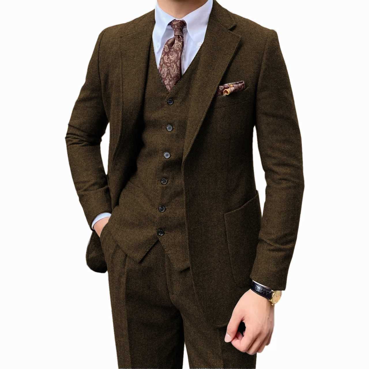 Mens herringbone suit twopiece set Notched lapel One Button Herringbone onebreasted vest jacket Coarse woolen fabrics W250910
