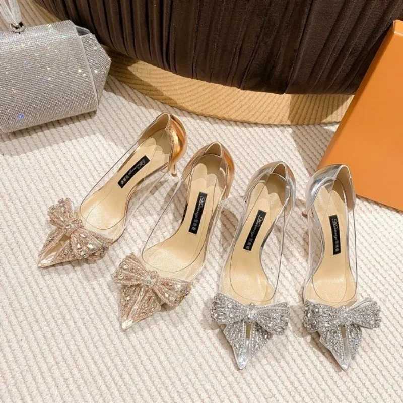 Fashionable and Elegant Slim Heels Banquet High Heels Summer New Comfortable Bow Rhinestone Round Head Womens Shoes W250910