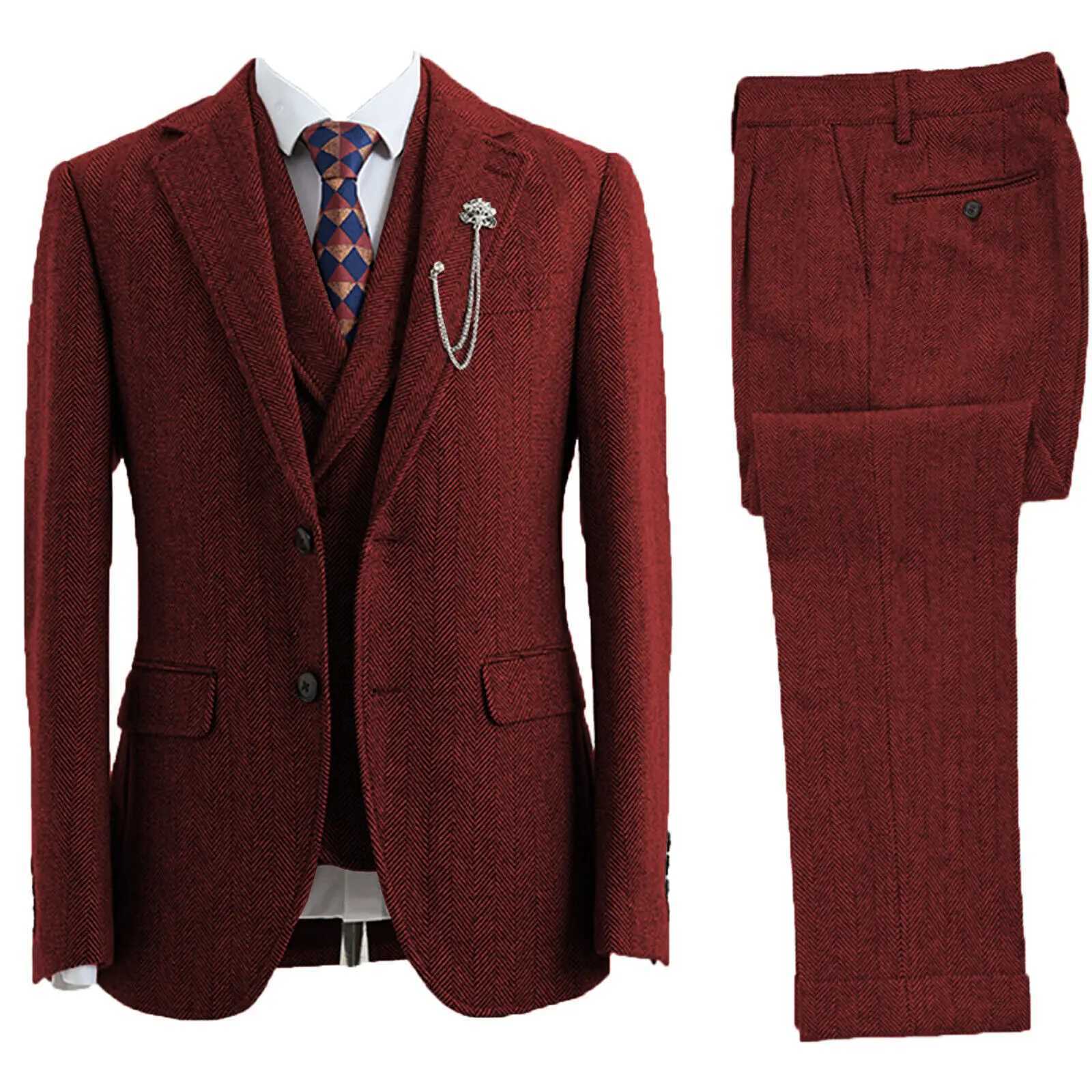 Men 3 Piece Suit Tweed Herringbone DoubleBreasted Wedding Tuxedos Size Men Clothing W250910