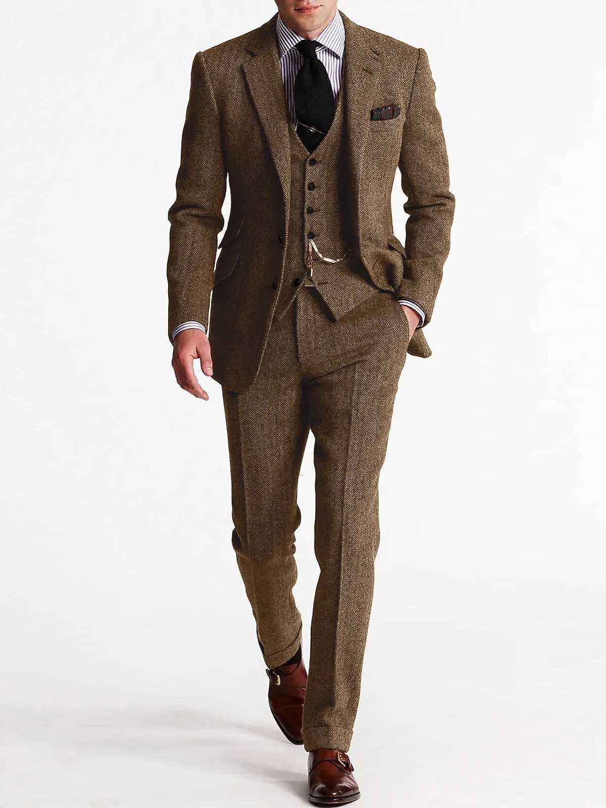 ANNIEBRITNEY Herringbone Tweed Suits for Men Slim Fit Tuxedo Man Suit Set Trajes De Hombre Anzug Herren Custom Made Men Suits W250910