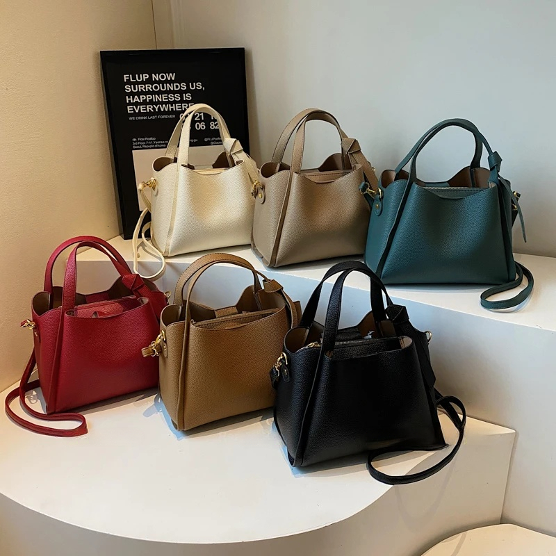 PU leather bucket bag women s shoulder bag short handle solid color simple style autumn new item lychee pattern designer bag women s crossbody bag tra